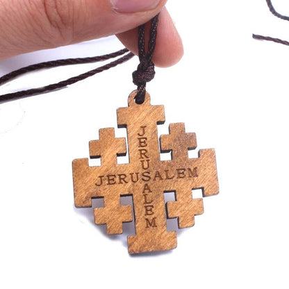 Wood Jerusalem Cross Necklace, Wood Religious necklace - EthGebya