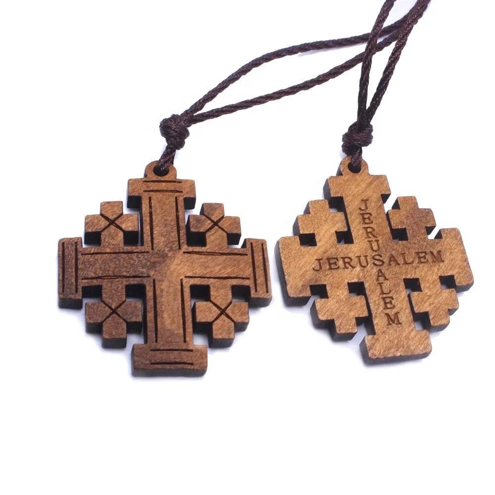 Wood Jerusalem Cross Necklace, Wood Religious necklace - EthGebya
