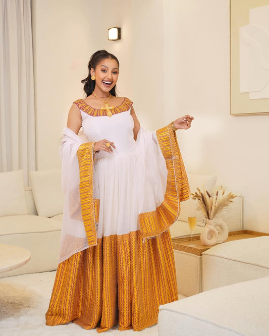Yellow & Gold Zuria Habesha Kemis | Elegant Ethiopian Dress - EthGebya