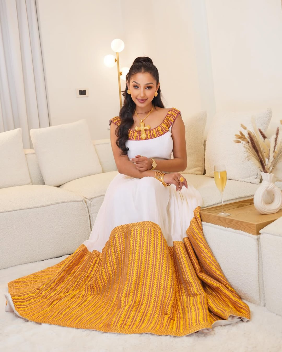 Yellow & Gold Zuria Habesha Kemis | Elegant Ethiopian Dress - EthGebya