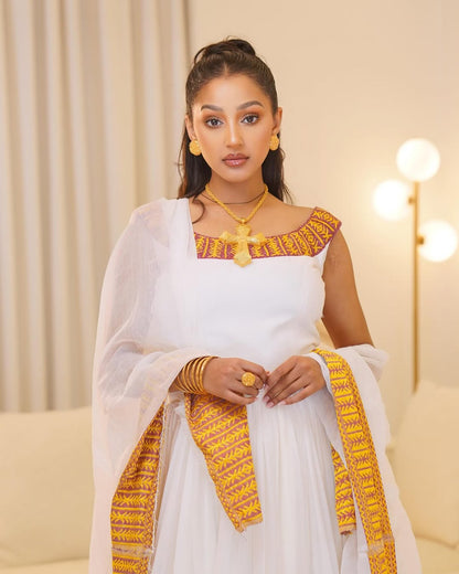 Yellow & Gold Zuria Habesha Kemis | Elegant Ethiopian Dress - EthGebya