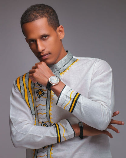 Yellow & Silver Habesha Men’s Shirt | Handcrafted Ethiopian Elegance - EthGebya
