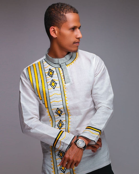 Yellow & Silver Habesha Men’s Shirt | Handcrafted Ethiopian Elegance - EthGebya