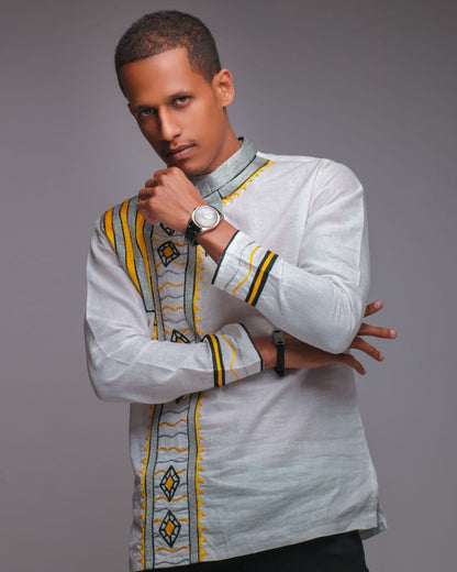 Yellow & Silver Habesha Men’s Shirt | Handcrafted Ethiopian Elegance - EthGebya