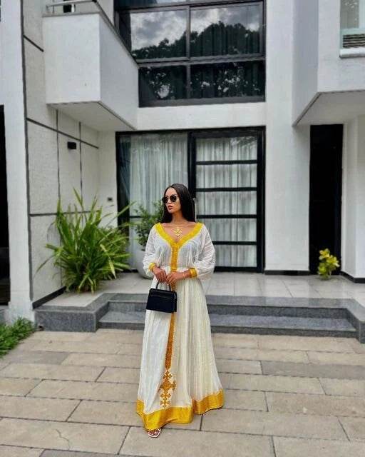 Zuria Habesha Kemis Ethiopian Dress - Yellow Tilf Habesha Dress - EthGebya