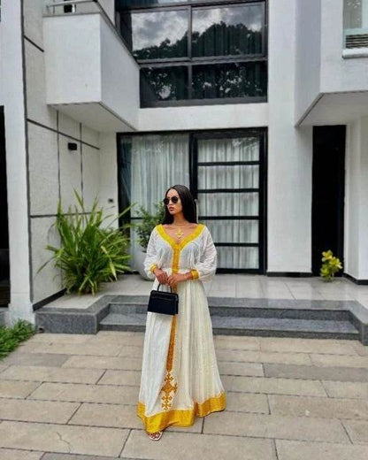 Zuria Habesha Kemis Ethiopian Dress - Yellow Tilf Habesha Dress - EthGebya
