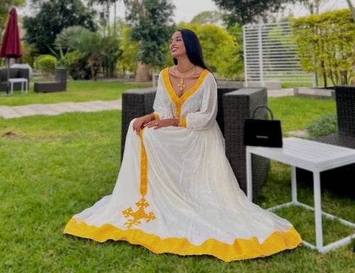 Zuria Habesha Kemis Ethiopian Dress - Yellow Tilf Habesha Dress - EthGebya