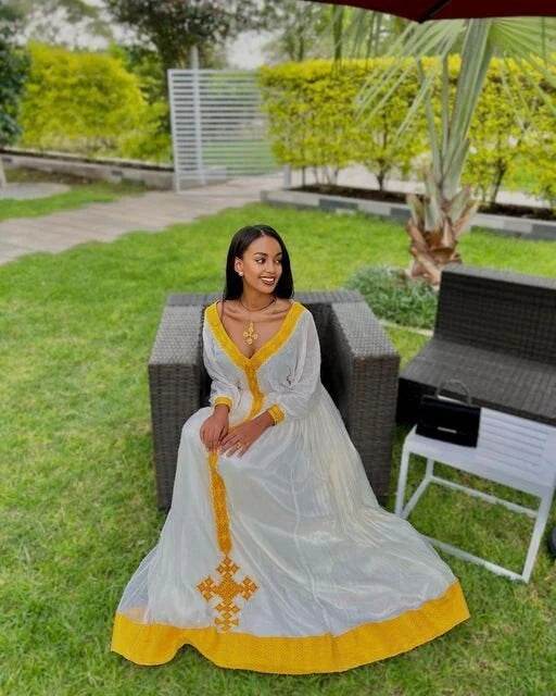 Zuria Habesha Kemis Ethiopian Dress - Yellow Tilf Habesha Dress - EthGebya