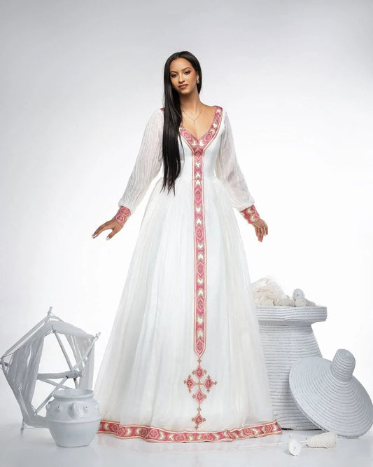 Zuria Kemis | Modern Ethiopian Traditional Dress with Tilf Embroidery - EthGebya