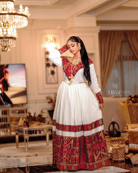 Zurya Handwoven Cotton Dress with Embroidery & Netela - EthGebya